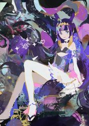 Rule 34 | 1girl, abstract, black footwear, blue eyes, chaikitsu, choker, detached sleeves, gloves, heart, hololive, hololive english, long hair, multicolored hair, ninomae ina&#039;nis, ninomae ina&#039;nis (1st costume), okobo, open mouth, orange hair, purple hair, sandals, single detached sleeve, single thighhigh, solo, tentacle hair, tentacles, thighhighs, virtual youtuber, white background