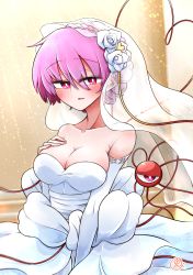 Rule 34 | 1girl, absurdres, aged up, blush, breasts, bridal veil, bride, bright pupils, cleavage, collarbone, dress, hair between eyes, highres, komeiji satori, looking at viewer, medium breasts, parted lips, pink hair, red eyes, scavia10, short hair, solo, strapless, strapless dress, third eye, touhou, upper body, veil, wedding dress, white dress