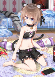 Rule 34 | 1girl, absurdres, alternate costume, animal ears, animal print, bare legs, bare shoulders, barefoot, bed, bell, black bra, black shorts, blanc (neptunia), blue eyes, bottle, bra, breasts, brown hair, cat ears, cat print, cat tail, chips (food), cleavage, cleavage cutout, clenched hands, clothing cutout, collar, fate (series), food, full body, gala king, hair bell, hair ornament, highres, indoors, looking at viewer, meme attire, midriff, navel, neck bell, neptune (series), nintendo switch, nitocris (fate), on floor, open mouth, paw print, poster (object), seiza, short hair, short shorts, shorts, sitting, small breasts, solo, stuffed animal, stuffed cat, stuffed toy, tail, underwear