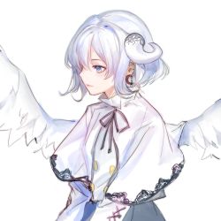 Rule 34 | 1girl, angel wings, black ribbon, blue eyes, buttons, capelet, chain, closed mouth, commentary, copyright request, crescent, crescent earrings, earrings, feathered wings, from side, highres, horns, jacket, jewelry, neck ribbon, ribbon, short hair, simple background, smile, solo, tanu0706, upper body, white background, white capelet, white horns, white jacket, white wings, wings