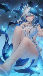 1girl bare_legs blue_butterfly blue_hair blue_nails blue_veil blurry blurry_foreground breasts bug butterfly colored_eyelashes commentary dress hair_between_eyes hand_on_own_chest hashtag-only_commentary hayan highres insect large_breasts legs light_blush long_hair looking_at_viewer nail_polish nebula open_mouth purple_eyes reaching reaching_towards_viewer sleeveless sleeveless_dress smile solo shorekeeper_(wuthering_waves) toes two-tone_veil veil white_dress white_veil wuthering_waves