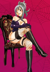 Rule 34 | 1girl, bare shoulders, black eyes, blush, boots, breasts, cashew (cashew kun), chair, cleavage, collar, crossed legs, elbow gloves, eyebrows, eyelashes, fairy tail, fishnet thighhighs, fishnets, garter straps, gloves, gradient background, grey hair, high heel boots, high heels, highres, juvia lockser, knee boots, looking at viewer, parted lips, ponytail, silk, sitting, smile, solo, spider web, thighhighs