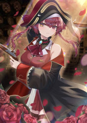 Rule 34 | 1girl, absurdres, arm up, bare shoulders, black coat, black hat, blue gemstone, blurry, blurry background, blush, choker, coat, dual wielding, floral print, flower, frilled choker, frills, gem, gold trim, gun, hair between eyes, handgun, hat, heart, heart print, highres, holding, holding gun, holding weapon, hololive, houshou marine, light particles, light rays, long hair, matsumoto yuu, multicolored clothes, multicolored coat, open clothes, open coat, parted lips, petals, pirate, pirate hat, red choker, red coat, red eyes, red flower, red hair, red hat, red rose, rose, rose print, single bare shoulder, skindentation, solo, thighhighs, twintails, two-tone coat, virtual youtuber, weapon, yellow eyes