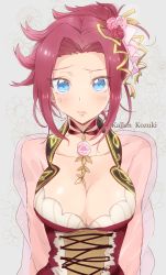 Rule 34 | 1girl, alternate costume, alternate hairstyle, blue eyes, blush, breasts, character name, cleavage, code geass, embarrassed, floral background, flower, formal, hair ornament, hair up, highres, jewelry, kouzuki kallen, large breasts, necklace, pink flower, pink rose, red flower, red hair, red rose, rose, see-through, short hair, solo, sumi otto