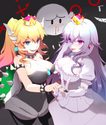 Rule 34 | #yuki#, 2girls, armlet, bare shoulders, black leotard, blonde hair, blood, blue eyes, boo (mario), bowsette, bracelet, breasts, character name, cleavage, clenched teeth, collar, covered navel, crown, dated, dress, earrings, elbow gloves, gloves, gradient background, hair between eyes, hand on own hip, highres, horns, jewelry, large breasts, leotard, long hair, looking at viewer, luigi&#039;s mansion, mario (series), multiple girls, new super mario bros. u deluxe, nintendo, nosebleed, open mouth, personification, pointy ears, ponytail, princess king boo, red eyes, sharp teeth, short hair, smile, spiked armlet, spiked bracelet, spiked collar, spikes, super crown, teeth, tongue, tongue out, white background, white dress, white gloves, white hair
