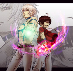 Rule 34 | 2boys, brown hair, chris, grey background, lowres, male focus, multiple boys, orochi (kof), pants, red eyes, topless male, snk, standing, the king of fighters, white hair, zoom layer