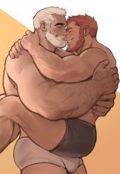 Rule 34 | 2boys, age difference, arm hair, ass, bara, beard, black male underwear, blush, bulge, carrying, couple, dopey (dopq), face-to-face, facial hair, from side, highres, hug, kiss, kissing nose, legs apart, male focus, male underwear, multiple boys, muscular, muscular male, orange hair, original, short hair, thighs, underwear, underwear only, veins, white hair, white male underwear, yaoi