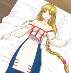 Rule 34 | 1girl, arc the lad, arc the lad ii, bare shoulders, bed, blonde hair, braid, breasts, brown eyes, cleavage, closed mouth, commentary request, dress, lieza (arc the lad), long hair, low-tied long hair, lying, medium breasts, on back, pillow, shimura (hosshi), single braid, solo, very long hair, white dress, wooden floor