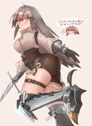 Rule 34 | 1girl, :&lt;, absurdres, arknights, armored boots, ass, black shorts, blush stickers, boots, breasts, brown hair, chibi, chibi inset, closed mouth, fartooth (arknights), feather hair, gauntlets, grey background, high-waist shorts, highres, holding, holding sword, holding weapon, kaguura (kagu), large breasts, leg up, long hair, long sleeves, shirt, shorts, simple background, skindentation, standing, standing on one leg, suspender shorts, suspenders, sword, thigh boots, thigh strap, translation request, weapon, white shirt, yellow eyes
