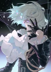 Rule 34 | 1boy, angry, belt, black gloves, black jacket, earrings, eyelashes, floating hair, gloves, half gloves, hand on own face, highres, inuyama (inuhill), jacket, jewelry, light, lio fotia, long sleeves, looking at viewer, pale skin, promare, purple eyes, rope, serious, simple background, solo, upper body, zipper, zipper pull tab