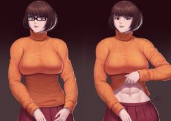 Rule 34 | 1girl, abs, absurdres, bob cut, breasts, brown hair, clothes lift, glasses, highres, large breasts, red eyes, scooby-doo, shirt lift, short hair, skirt, speedl00ver, sweater, toned, turtleneck, turtleneck sweater, velma dace dinkley