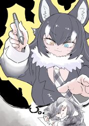 Rule 34 | 1girl, :3, = =, absurdres, animal ears, arm up, black hair, blue eyes, closed eyes, closed mouth, drawing, dreaming, ears down, fur collar, grey wolf (kemono friends), hair between eyes, head rest, heterochromia, highres, holding, holding pen, jacket, kemono friends, long sleeves, multicolored hair, necktie, nenkou-san, orange eyes, pen, plaid necktie, sleeping, smile, solo, thought bubble, two-tone hair, v-shaped eyebrows, white hair, wolf ears, zzz