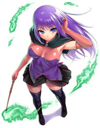 Rule 34 | 1girl, arm up, black thighhighs, blue eyes, blush, breasts, covered erect nipples, covered navel, elbow gloves, female focus, full body, gloves, long hair, malariya, misao (kami no misoshiru), pink gloves, purple hair, quiz magic academy, simple background, skirt, solo, standing, thighhighs, wand, white background, wind