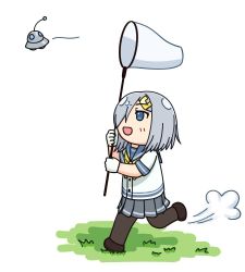 Rule 34 | 1girl, black pantyhose, blue sailor collar, blush, brown footwear, butterfly net, catching, commentary, floating, gloves, grass, grey skirt, hair ornament, hair over one eye, hairclip, hama! (3toshinhmkz), hamakaze (kancolle), hand net, holding, kantai collection, neckerchief, open mouth, pantyhose, pleated skirt, sailor collar, school uniform, shirt, shoes, short hair, silver hair, simple background, skirt, solo, ufo, uniform, walking, white background, white gloves, white shirt, yellow neckerchief