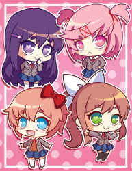 Rule 34 | 4girls, :&lt;, :d, black legwear, blue eyes, bow, brown hair, chibi, commentary, doki doki literature club, english commentary, green eyes, hair bow, hair ornament, hair ribbon, hairclip, hands on own hips, heart, heart-shaped pupils, long hair, looking at viewer, monika (doki doki literature club), multiple girls, natsuki (doki doki literature club), open mouth, outline, outstretched arm, pink background, pink eyes, pink hair, polka dot, polka dot background, ponytail, red bow, ribbon, runeechan, sayori (doki doki literature club), school uniform, short hair, smile, symbol-shaped pupils, two side up, white legwear, white outline, white ribbon, yuri (doki doki literature club)