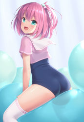 Rule 34 | 1girl, :d, ass, ball, blue eyes, blue one-piece swimsuit, blush, exercise ball, from behind, highres, looking at viewer, looking back, medium hair, one-piece swimsuit, one side up, open mouth, original, pink hair, pink shirt, sailor collar, sasaame, shirt, sitting, smile, solo, swimsuit, swimsuit under clothes, thighhighs, white sailor collar, white thighhighs
