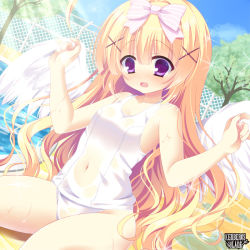 Rule 34 | 1girl, bad id, bad pixiv id, blonde hair, bow, breasts, character request, cleavage, cloud, collarbone, copyright name, covered navel, day, eyebrows, feathered wings, hair bow, hair ornament, kerberos blade, kneeling, long hair, one-piece swimsuit, open mouth, outdoors, pink bow, purple eyes, ribbon, school swimsuit, sky, small breasts, solo, striped, striped bow, swimsuit, wet, white one-piece swimsuit, white school swimsuit, white wings, wings, x hair ornament, yuyumatsu
