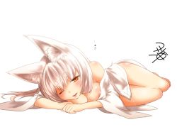 Rule 34 | 1girl, animal ear fluff, animal ears, areola slip, bare legs, blush, breasts, cleavage, collarbone, eyebrows, fang, fox ears, fox tail, japanese clothes, kohaku (yua), large breasts, long hair, looking at viewer, lying, off shoudler, on side, one eye closed, open mouth, original, short eyebrows, sidelocks, signature, smile, solo, sweat, tail, thick eyebrows, thighs, white background, white hair, yellow eyes, yua (checkmate)