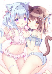 Rule 34 | 2girls, animal ear fluff, animal ears, ass, azumi kazuki, blue bra, blue hair, blue panties, blue ribbon, blush, bra, braid, brown eyes, brown hair, cat ears, cat girl, cat tail, center frills, claw pose, commentary request, detached sleeves, frilled bra, frilled panties, frills, hair between eyes, hair ribbon, hand up, heart, highres, holding, looking at viewer, multiple girls, open mouth, original, panties, parted lips, pink bra, pink panties, pink ribbon, puffy short sleeves, puffy sleeves, purple eyes, ribbon, see-through, see-through sleeves, short sleeves, tail, twintails, underwear, underwear only, wedgie, white background