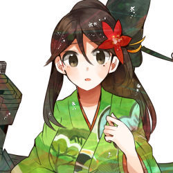 Rule 34 | 10s, 1girl, amagi (kancolle), blush, breasts, brown eyes, brown hair, eyebrows, flower, furisode, hair between eyes, hair flower, hair ornament, itomugi-kun, japanese clothes, kantai collection, kimono, long hair, looking at viewer, medium breasts, mole, mole under eye, open mouth, parted lips, ponytail, print kimono, simple background, solo, upper body, white background