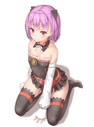 Rule 34 | 1girl, bare shoulders, belt, belt buckle, black thighhighs, blush, breasts, buckle, cleavage, collarbone, detached collar, detached sleeves, dress, fate/grand order, fate (series), frilled dress, frills, from above, full body, hair ribbon, helena blavatsky (fate), looking at viewer, no shoes, purple eyes, purple hair, reinama, ribbon, seiza, shadow, short dress, short hair, simple background, sitting, small breasts, smile, solo, thighhighs, white background, wing collar
