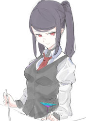 Rule 34 | 1girl, absurdres, amepa (ame pinecandy), highres, jill stingray, looking at viewer, necktie, purple hair, red eyes, red necktie, shirt, simple background, solo, twintails, upper body, va-11 hall-a, white background, white shirt