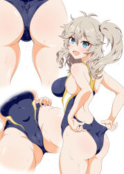 Rule 34 | 1girl, absurdres, adjusting clothes, adjusting swimsuit, antenna hair, ass, blue eyes, blue one-piece swimsuit, cameltoe, cleft of venus, commentary request, competition swimsuit, cowboy shot, from behind, from below, grey hair, highres, kasukabe tsumugi, long hair, looking at viewer, looking back, messy hair, multicolored clothes, multicolored swimsuit, multiple views, one-piece swimsuit, ponytail, simple background, standing, swimsuit, usazirou539, voicevox, wedgie, white background