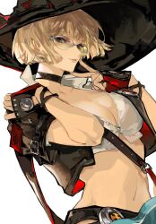Rule 34 | 1girl, absurdres, alternate color, alternate hair color, black choker, black gloves, blonde hair, blue hair, breasts, choker, cleavage, collarbone, crop top, cropped jacket, finger to mouth, found modori, gloves, green-tinted eyewear, guilty gear, guilty gear strive, hat, highres, i-no, large breasts, looking at viewer, looking over eyewear, midriff, navel, off shoulder, short hair, stomach, sunglasses, tinted eyewear, witch, witch hat