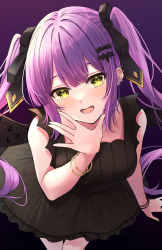 Rule 34 | 1girl, black bow, black dress, bow, collarbone, dress, earrings, hair bow, highres, hololive, jewelry, long hair, looking at viewer, open mouth, primamiya, purple hair, simple background, tokoyami towa, twintails, virtual youtuber, yellow eyes
