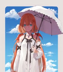 Rule 34 | 1girl, absurdres, bare shoulders, blue sky, closed mouth, cloud, cloudy sky, detached sleeves, dress, green eyes, hair between eyes, hair ornament, hair ribbon, hairclip, highres, holding, holding umbrella, jewelry, kingdom hearts, kingdom hearts x, long hair, looking at viewer, low twintails, monnizo, necklace, no pupils, orange hair, ribbon, sky, solo, strelitzia (kingdom hearts), twintails, umbrella, very long hair, white dress, white umbrella, x hair ornament