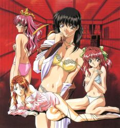 Rule 34 | 4girls, asymmetrical bangs, back, bare arms, black hair, bow, bra, brown eyes, covering breasts, covering privates, cross, cross necklace, crossed arms, hair bow, hair ribbon, indoors, isaku, jewelry, lace, lace-trimmed bra, lace-trimmed panties, lace trim, long hair, looking at viewer, lying, multiple girls, navel, necklace, non-web source, off shoulder, official art, on side, open bra, pajamas, panties, parted lips, pink footwear, pink hair, pink panties, profile, red background, red eyes, red hair, retro artstyle, ribbon, round eyewear, semi-rimless eyewear, shy, sitting, standing, strap slip, takabe eri, takashima kumi, topless, torn clothes, underwear, underwear only, wariza, yellow bra, yellow panties