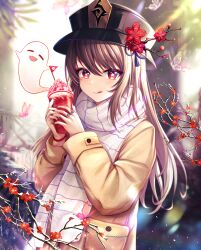 Rule 34 | 1girl, :q, absurdres, alternate costume, black hat, black nails, blurry, blurry background, boo tao (genshin impact), branch, brown coat, brown hair, bug, butterfly, chinese commentary, coat, commentary request, contemporary, cup, day, depth of field, flower, flower-shaped pupils, food, genshin impact, ghost, hands up, hat, hat flower, hat tassel, highres, holding, holding cup, holding food, holding ice cream, hu tao (genshin impact), ice cream, insect, jewelry, kazamatsuri honatsu, licking lips, light particles, long hair, long sleeves, looking at viewer, mini flag, multiple rings, outdoors, plum blossoms, pocket, porkpie hat, red eyes, ring, scarf, sidelocks, solo, sundae, sunlight, symbol-shaped pupils, tongue, tongue out, tree, upper body, white scarf