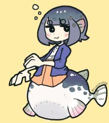 Rule 34 | 1girl, black hair, blue hair, bubble, coat, fin ears, fins, fish, fish tail, haze (c10h17n7o4), holding breath, mermaid, monster girl, puffer fish, skirt, solo, source request, tail, underwater