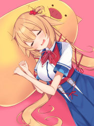 Rule 34 | 1girl, akai haato, akai haato (1st costume), blouse, blue skirt, blush, breasts, closed eyes, eyelashes, haaton (akai haato), hair ornament, hair ribbon, heart, heart hair ornament, high-waist skirt, highres, hololive, large breasts, long hair, looking at viewer, lying, mi taro333, neck ribbon, on side, open mouth, pillow, pink background, red ribbon, ribbon, shirt, short sidetail, short sleeves, simple background, skirt, sleeping, solo, stuffed animal, stuffed pig, stuffed toy, virtual youtuber, wavy mouth, white shirt