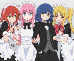 Rule 34 | 4girls, :d, absurdres, ahoge, apron, artist name, black bow, black bowtie, black dress, black jacket, black pants, blonde hair, blue eyes, blue hair, blush, bocchi the rock!, bow, bowtie, closed mouth, collared shirt, commentary request, double v, dress, formal, gotoh hitori, green eyes, grey background, grey vest, hair between eyes, hair ornament, hair over eyes, hairclip, hands in pockets, highres, ijichi nijika, jacket, kita ikuyo, long hair, long sleeves, looking at viewer, maid, maid apron, maid headdress, mole, mole under eye, multiple girls, one side up, open clothes, open jacket, open mouth, pants, pink hair, puffy short sleeves, puffy sleeves, red bow, red bowtie, red eyes, red hair, rokochandayo, shirt, short hair, short sleeves, side ponytail, sidelocks, simple background, smile, sparkle, suit, sweatdrop, translation request, twitter username, upper body, v, vest, watermark, white apron, white shirt, wrist cuffs, yamada ryo, yellow eyes