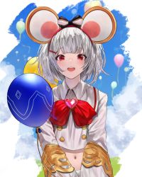 Rule 34 | 1girl, :d, absurdres, animal ears, balloon, betabeet, blue sky, blunt bangs, blush, bow, bowtie, brooch, cloud, collared shirt, day, fake animal ears, gem, granblue fantasy, hair ornament, hairband, hairclip, heart, heart brooch, highres, jewelry, long sleeves, mouse ears, navel, open mouth, outdoors, red bow, red bowtie, red eyes, red hairband, shirt, short hair, silver hair, sky, smile, solo, striped, striped bow, upper body, vikala (granblue fantasy), white shirt