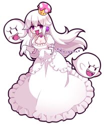 Rule 34 | 1girl, artist name, blush stickers, boo (mario), breasts, choker, cleavage, collarbone, commentary, crown, dress, english commentary, eyelashes, fangs, frilled choker, frilled dress, frilled sleeves, frills, full body, furrowed brow, gem, ghost pose, gloves, kougane, large breasts, long dress, long hair, looking at viewer, luigi&#039;s mansion, mario (series), mini crown, new super mario bros. u deluxe, nintendo, open mouth, pink headwear, polka dot headwear, princess king boo, puffy short sleeves, puffy sleeves, purple eyes, purple gemstone, short sleeves, solo, square neckline, super crown, tongue, transparent background, white choker, white dress, white gloves, white hair, white sleeves