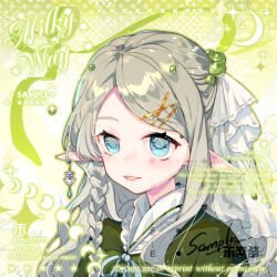 1girl blue_eyes blue_ribbon braid chinese_commentary collared_shirt commentary_request commission crescent earrings elf eyelashes frilled_shirt_collar frills green_background green_jacket green_outline green_ribbon grey_hair hair_bobbles hair_ornament hairclip jacket jewelry light_blush light_particles long_hair looking_ahead moon_phases neck_ribbon open_mouth original outline pointy_ears ribbon sample_watermark shirt sidelocks single_braid single_earring smile solo sparkle star_(symbol) too_many_watermarks upper_body very_long_hair watermark weibo_watermark white_shirt white_veil wo_jiji x_hair_ornament yellow_pupils