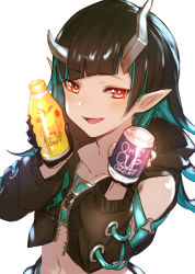 Rule 34 | 1girl, nanashi inc., alcohol, belt, belt bra, black gloves, black hair, black jacket, blue belt, blue hair, blush, bottle, can, chest belt, clothing cutout, commentary request, cropped jacket, cross-laced clothes, cross-laced sleeves, demon girl, demon horns, fang, flat chest, gloves, highres, holding, holding bottle, holding can, horns, jacket, koto suomi, long hair, long sleeves, looking at viewer, midriff, multicolored hair, navel, one cup, open clothes, open jacket, open mouth, partially fingerless gloves, pointy ears, red eyes, sake, shishio chris, shoulder cutout, simple background, smile, solo, sugar lyric, two-tone hair, upper body, virtual youtuber, white background