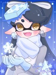Rule 34 | 1girl, :d, black hair, blue background, blue gloves, blue hair, bow-shaped hair, callie (splatoon), commentary request, copyright name, earrings, fang, food, food on head, gloves, gradient hair, highres, hoop earrings, inkling, inset border, jewelry, long hair, looking at viewer, mole, mole under eye, multicolored hair, nintendo, object on head, open mouth, pointy ears, scarf, smile, snowflakes, snowing, solo, splatoon (series), splatoon 3, star-shaped pupils, star (symbol), sushi, symbol-shaped pupils, tentacle hair, thick eyebrows, tonbofree, two-tone hair, very long hair, white scarf, yellow eyes, yellow pupils