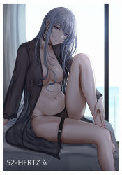 Rule 34 | 1girl, ak-12 (girls&#039; frontline), areola slip, arm support, bare legs, barefoot, bed, black choker, black panties, black shirt, breasts, choker, convenient censoring, covered erect nipples, curtains, english text, foot out of frame, girls&#039; frontline, hair over breasts, hand on own leg, head tilt, highres, indoors, knee up, large breasts, long hair, long sleeves, looking at viewer, navel, no bra, on bed, open clothes, open shirt, panties, parted lips, purple eyes, see-through, see-through shirt, selcky, shirt, sidelocks, sitting, skindentation, solo, stomach, string panties, thigh strap, underwear, white hair