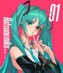 Rule 34 | 1girl, aqua eyes, aqua hair, aqua nails, aqua necktie, black sleeves, character name, commentary, detached sleeves, finger to own chin, hatsune miku, headset, highres, lips, long hair, looking at viewer, nail polish, necktie, red background, signature, sleeveless, solo, twintails, unmyu, upper body, very long hair, vocaloid