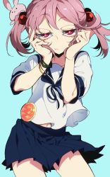 Rule 34 | 10s, 1girl, :t, bad id, bad pixiv id, hair bobbles, hair ornament, hands on own cheeks, hands on own face, highres, kantai collection, pink eyes, pink hair, sazanami (kancolle), school uniform, serafuku, short hair, skirt, solo, twintails, yarawi