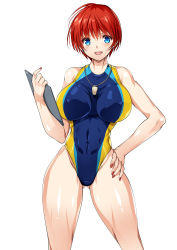 Rule 34 | 1girl, blue eyes, blue one-piece swimsuit, breasts, clipboard, commentary request, competition swimsuit, covered erect nipples, cowboy shot, gluteal fold, hand on own hip, highleg, highleg swimsuit, impossible clothes, impossible swimsuit, large breasts, nail polish, one-piece swimsuit, open mouth, original, red hair, short hair, smash daisaku, smile, solo, standing, swimsuit, whistle, whistle around neck