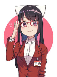 Rule 34 | 1girl, black hair, cloba, commentary request, formal, glasses, highres, long hair, long sleeves, looking at viewer, multicolored hair, name tag, original, pink eyes, red-framed eyewear, red suit, simple background, smile, solo, suit, white background