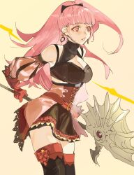 Rule 34 | 1girl, alternate costume, animal ear hairband, animal ears, axe, bare shoulders, black skirt, black thighhighs, blunt bangs, breasts, cat ear hairband, cat ears, cleavage, cleavage cutout, clothing cutout, cowboy shot, detached sleeves, earrings, fake animal ears, female focus, fire emblem, fire emblem: three houses, gloves, hairband, highres, hilda valentine goneril, holding, holding axe, holding weapon, jewelry, large breasts, long hair, long sleeves, looking to the side, matching hair/eyes, nintendo, pink eyes, pink hair, ponytail, puffy long sleeves, puffy sleeves, red gloves, skirt, solo, talesofmea, thighhighs, weapon, yellow background, zettai ryouiki