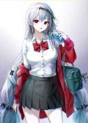 Rule 34 | 1girl, absurdres, arknights, bag, bendy straw, black skirt, bow, bowtie, breasts, chromatic aberration, collared shirt, commentary request, cup, disposable cup, dress shirt, drinking straw, garvini, gradient background, grey background, grey hair, hair between eyes, hand up, highres, holding, holding cup, jacket, long hair, long sleeves, looking at viewer, medium breasts, off shoulder, open clothes, open jacket, parted lips, pleated skirt, puffy long sleeves, puffy sleeves, red bow, red bowtie, red eyes, red jacket, school bag, school uniform, shirt, skadi (arknights), skirt, sleeves past wrists, solo, very long hair, white background, white shirt