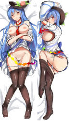 Rule 34 | 1girl, ass, bad id, bad pixiv id, bare shoulders, blue hair, blush, breasts, breasts out, brown pantyhose, cleft of venus, clothes lift, clothes pull, crossed arms, female focus, food, fruit, hat, hinanawi tenshi, large breasts, long hair, looking at viewer, lying, neropaso, nipples, no bra, off shoulder, on back, on stomach, open clothes, open shirt, panties, panty pull, pantyhose, pantyhose pull, peach, pillow, red eyes, shirt, side-tie panties, skirt, skirt lift, solo, touhou, uncensored, underwear, very long hair, white panties