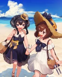 Rule 34 | 2girls, alternate costume, anchor, bag, beach, black eyes, black hair, blue dress, blue sky, brown eyes, brown hair, cloud, commentary request, day, dress, feet out of frame, holding hands, hat, headset, highres, kantai collection, mountain, multiple girls, ocean, official alternate costume, open mouth, outdoors, round teeth, sandals, short hair, short hair with long locks, sidelocks, sky, smile, speaking tube headset, straw hat, sun hat, sundress, teeth, tokitsukaze (kancolle), upper teeth only, water, white dress, yoshino ns, yukikaze (kancolle)