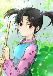 Rule 34 | 1girl, black hair, blue vest, blush, breasts, broom, brown eyes, china dress, chinese clothes, closed mouth, dress, falling leaves, highres, holding, holding broom, kizuki96, leaf, lens flare, long sleeves, looking at viewer, medium breasts, parted bangs, pink dress, pink sleeves, sega, shenmue, shenmue the animation, signature, smile, solo, twintails, vest, xun fang mei